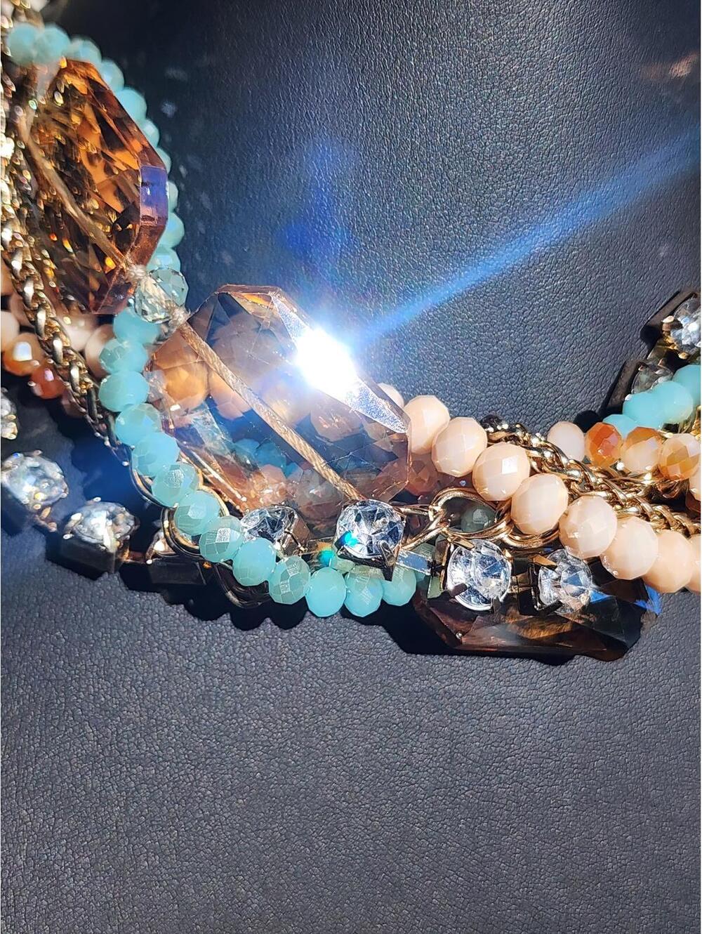 Chunky Crystal Multistrand Necklace w Citrine, Peach, Aqua & Amber Glass Beads